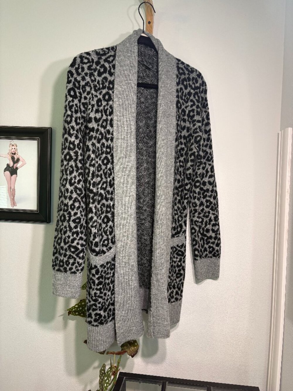 LOFT Gray & Black Leopard Print Open Front Longline Cardigan - Size Large